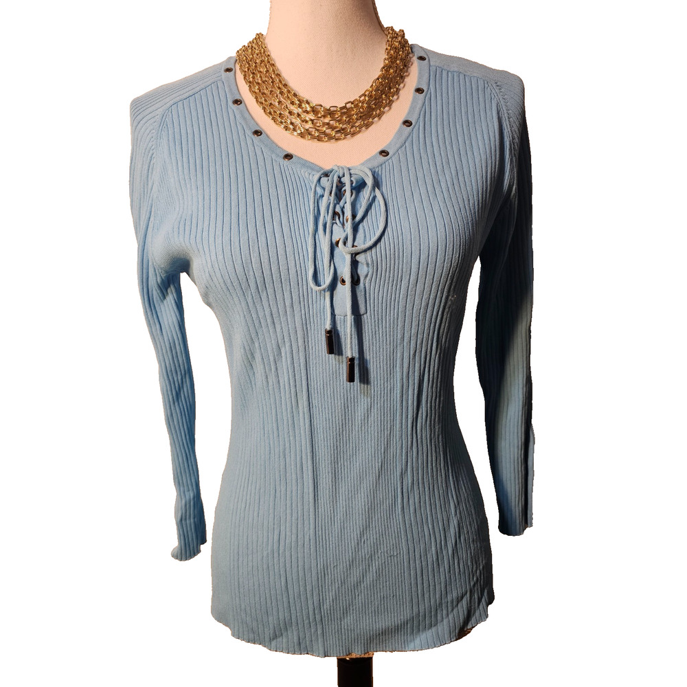 Vintage Cache Womens Blue Large Ribbed Knit Top V Neck Lace Up Eyelet Sweater